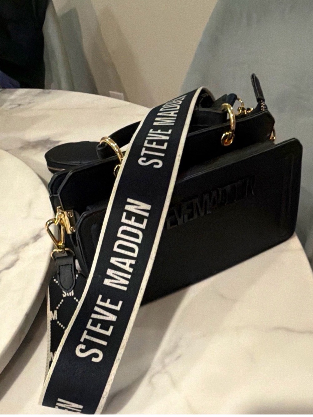 Steve Madden Black Crossbody with Branded Navy-White Strap